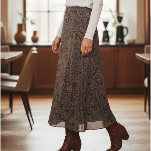 Vintage Northern Reflections Brown Blue Chiffon Paisley Midi Skirt Womens Sz XL - Picture 1 of 8
